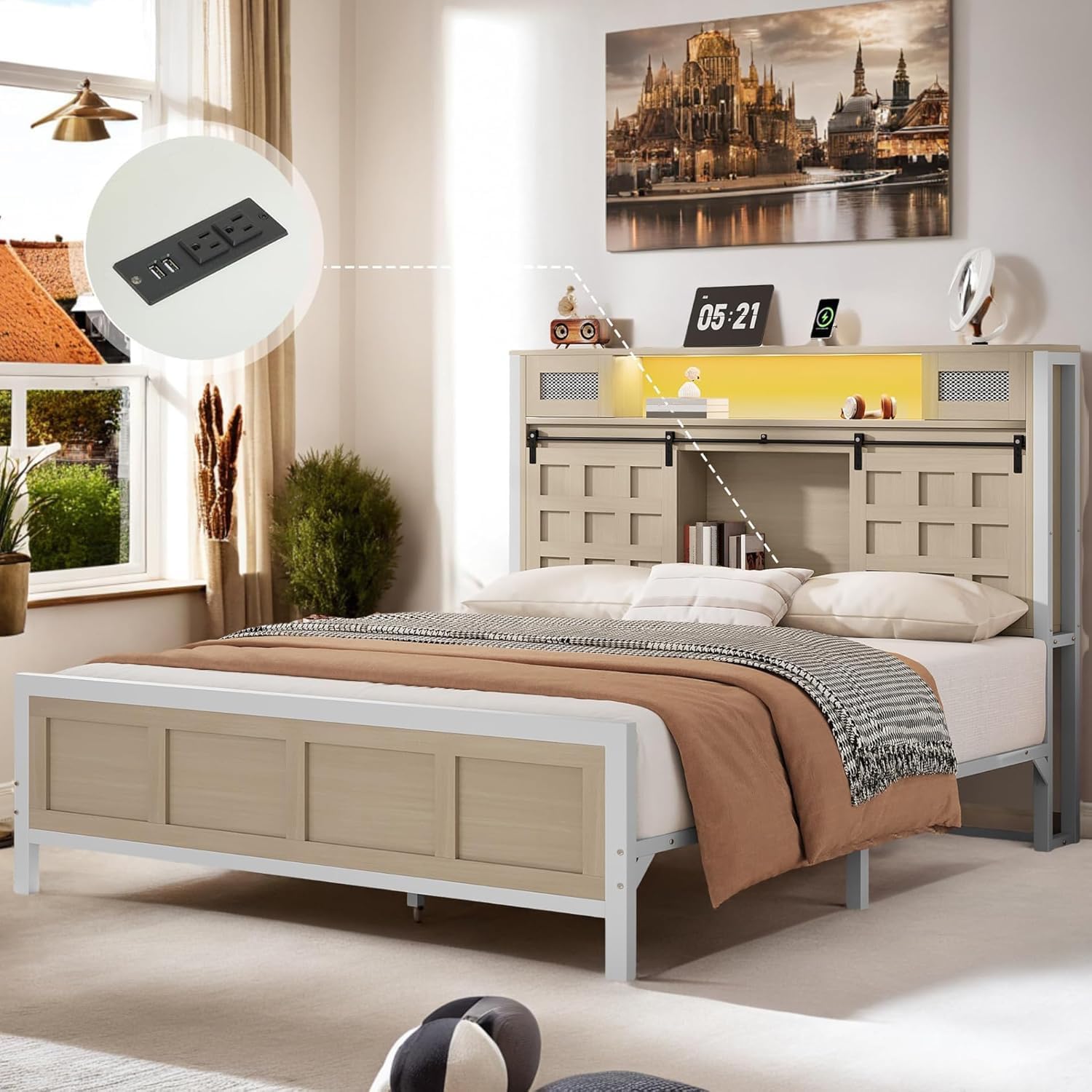 YITAHOME Farmhouse Bed Frame Queen Size, 49.14' Tall Storage Headboard, Led Light & Charging Station, Sliding Barn Door, Wooden Platform Bed Frame, Metal Slats Support, No Box Spring Needed, Oak