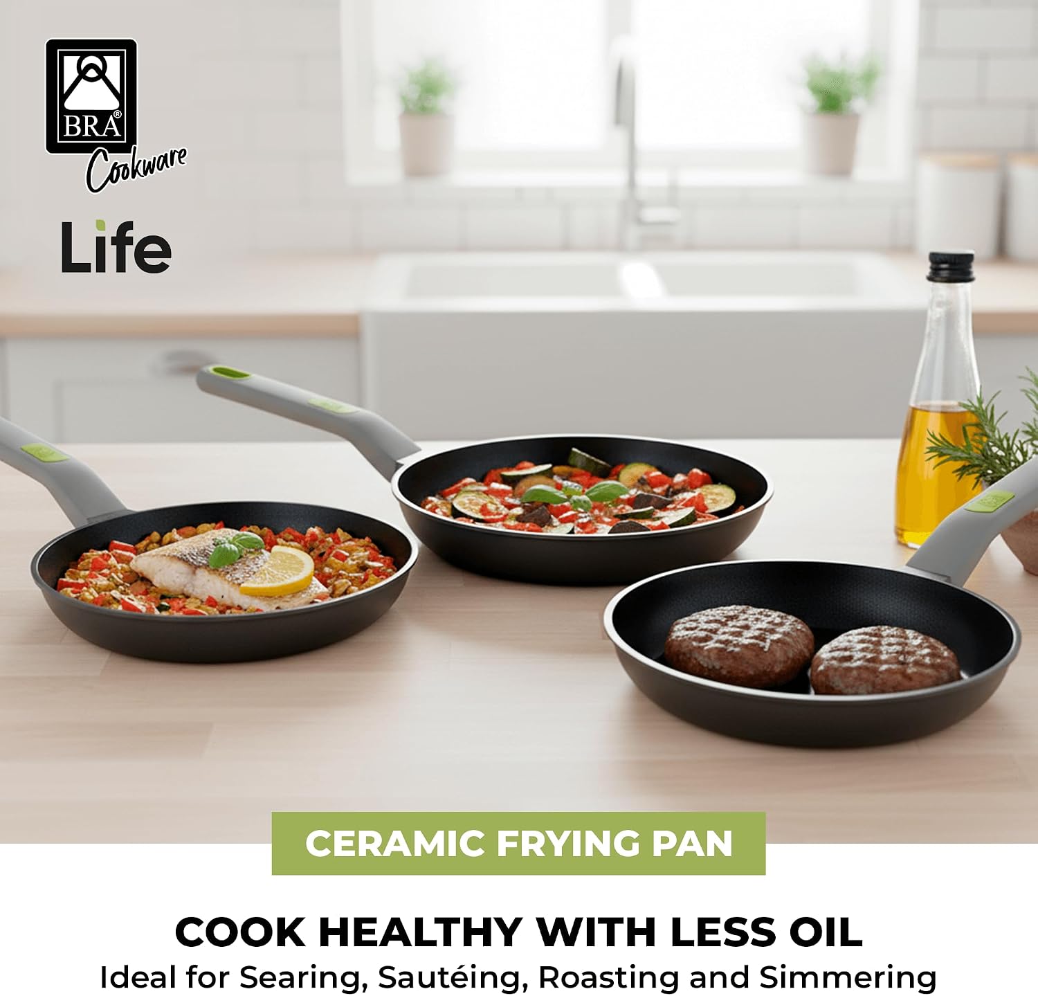 BRA COOKWARE Life 3 Ceramic Nonstick Frying Pan Set | 8+9.5+11 Inch Recycled Cast Aluminum Skillets | Ceramic Non-Stick Fry Pans | PFOA Free Searing Skillets | All Cooktops | Soft-Touch Handle