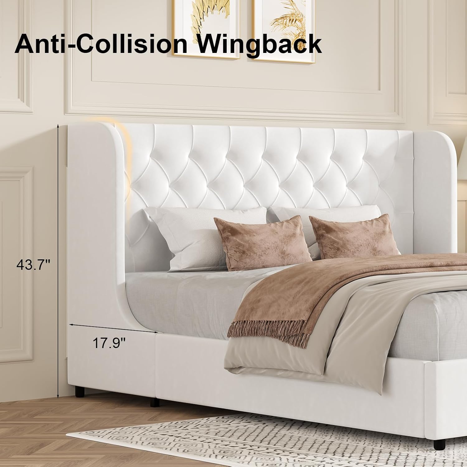 HOMBCK White King Size Bed Frame, Velvet Upholstered Platform Bed Frame with Headboard, Curved Wingback Design, Wooden Slats, No Box Spring, Noise Free, Easy Assembly