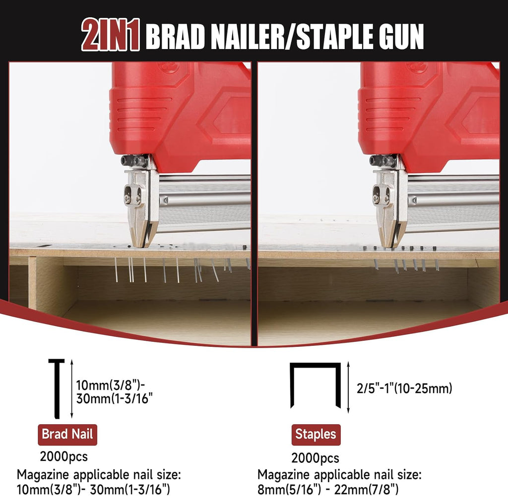 JOJOCY 21V Cordless Brad Nailer Stapler Kit, 2 2.0Ah Batteries, 18GA 2000 Nails & Staples, 2 Firing Modes, Safety Lock for Carpentry DIY Woodworking