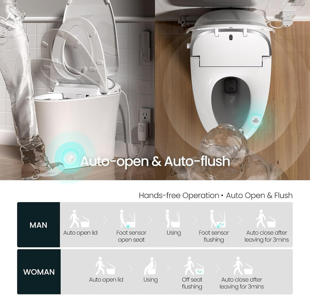 R&T C2 Smart Toilet with Tank, One-Piece Bidet Toilet, Blackout Flush, Auto Open & Flush, Foot Sensor, Remote Control, Heated Seat, Warm Water, Air Dryer, Night Light & Deodorizer