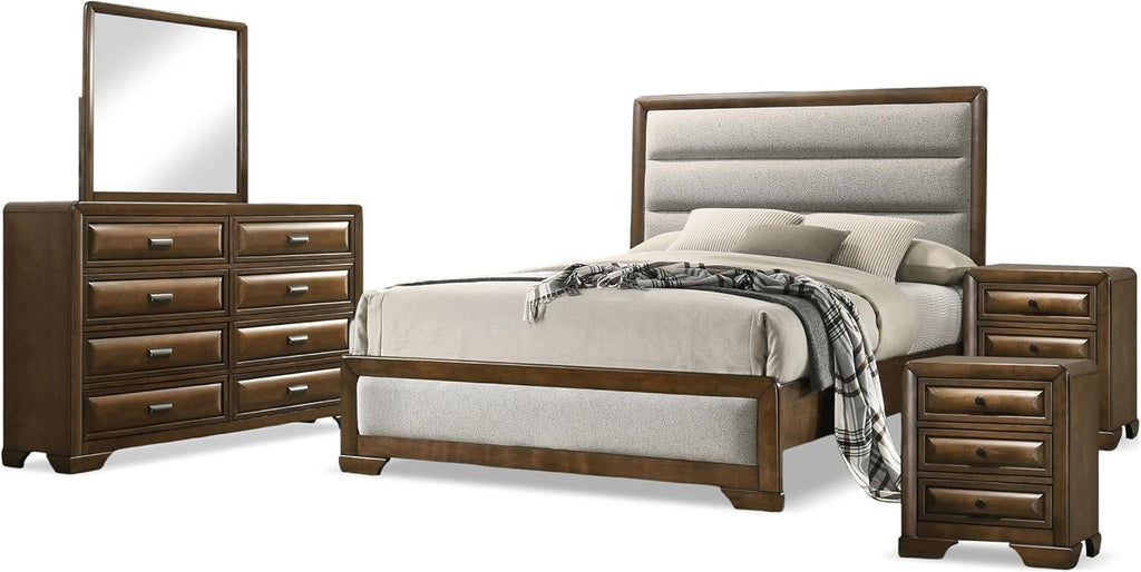 Furniture of America Johan Transitional Solid Wood 5-Piece Queen Panel Bedroom Set with 2 Nightstands, Box Spring Needed, Brown and Light Gray