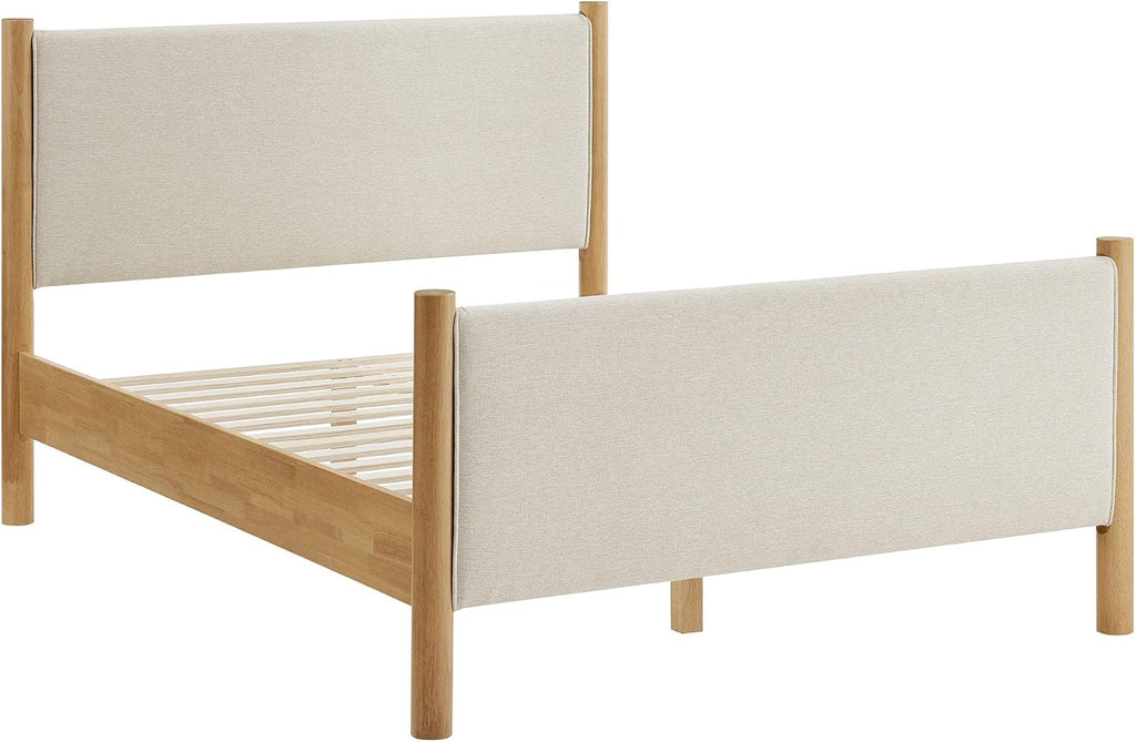 Modway Maven King Size Bed Frame in Ivory Oak with Upholstered Fabric Headboard and Footboard – Wood King Platform Bed Frame – No Box Spring Needed