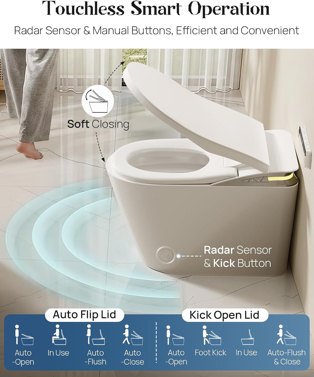 Smart Toilet with Bidet Built-in, Dual Nozzle Feminine Wash & Rear Wash, Auto Open/Close Lid, Heated Seat with Massage Vibration, Foam Shield, One Piece Elongated Toilet, Auto Flush & Dryer