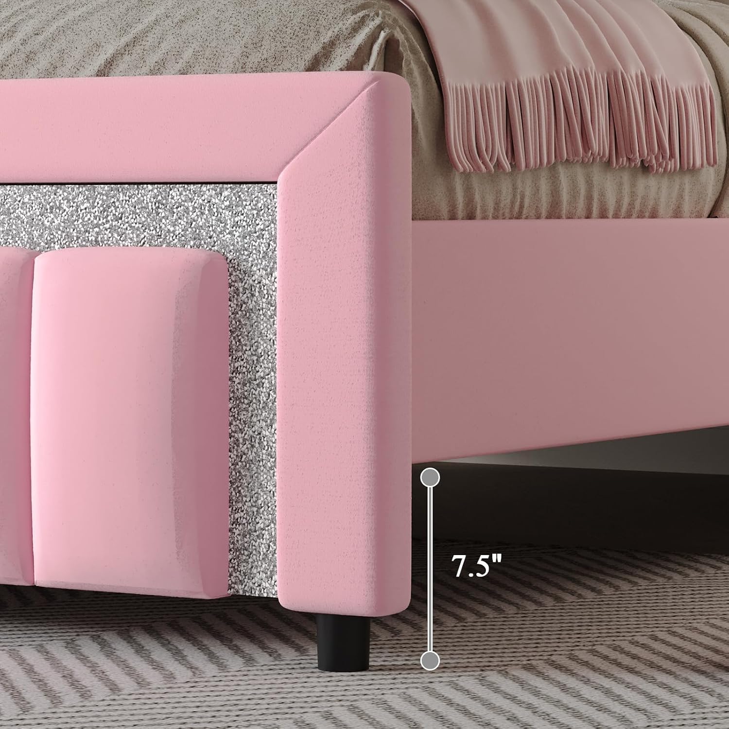HOMBCK Full Size Bed Frame with Diamond Headboard, Full Bed Frame with Velvet Headboard and Footboard, Upholstered Platform Bed with Wooden Slats, No Box Spring Needed, Easy Assembly, Pink