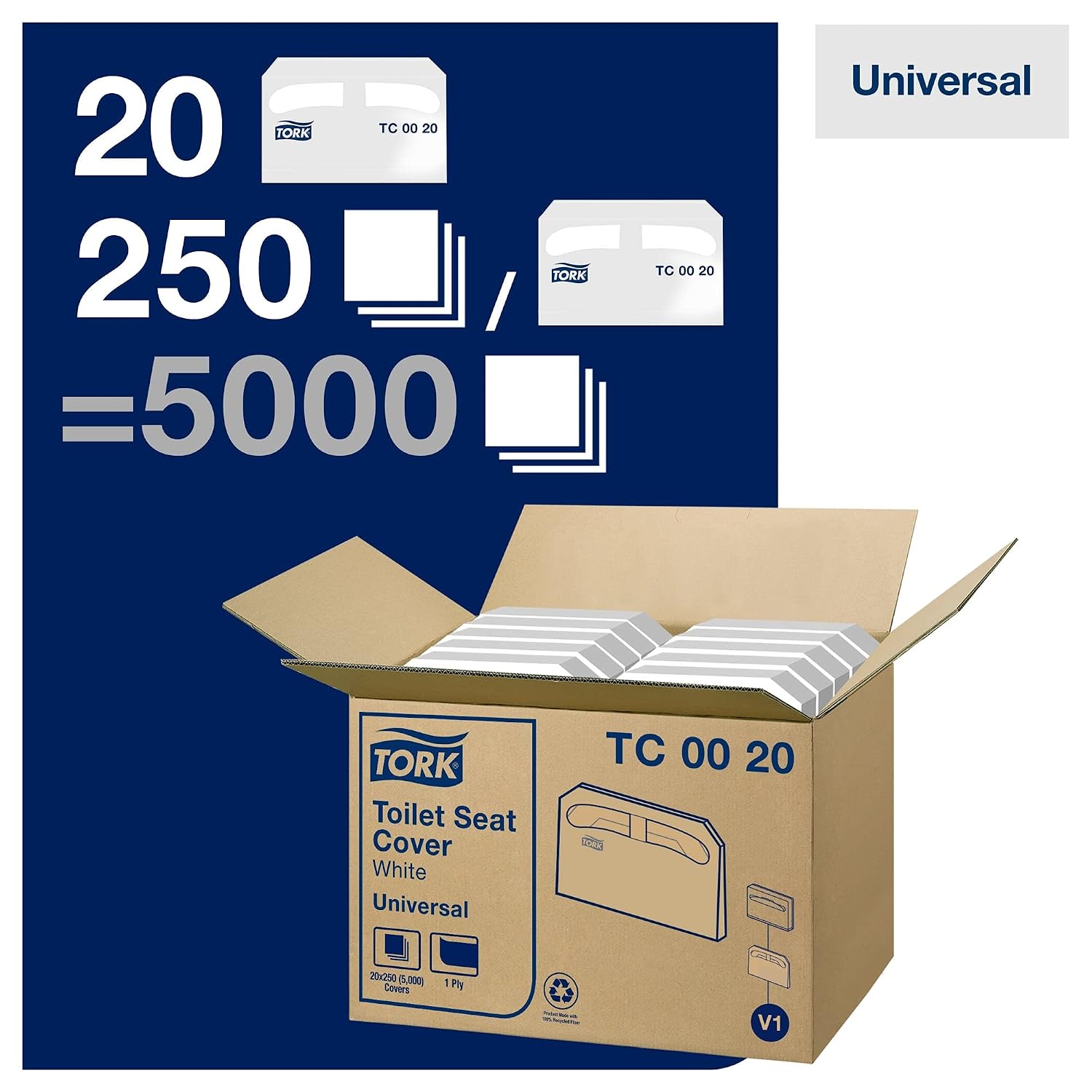 Tork Toilet Seat Cover White V1, Universal, 1/2 Fold, 20 x 250 Covers, TC0020