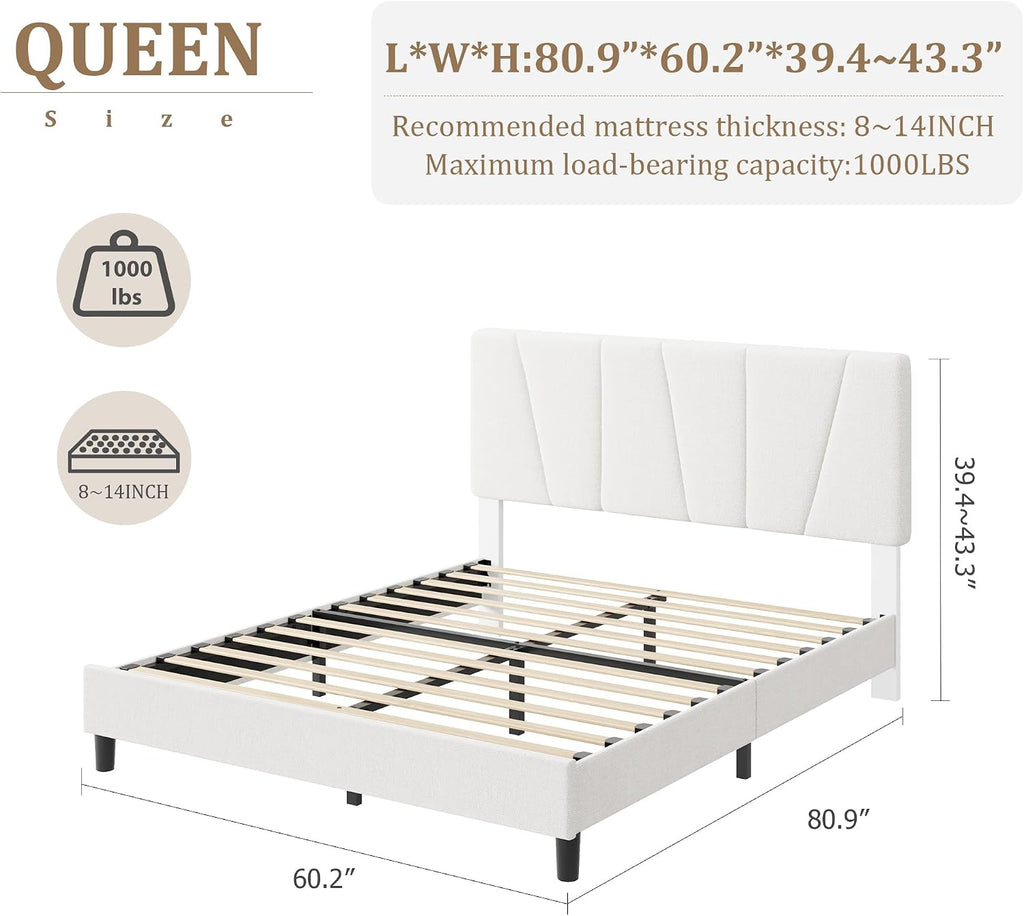 GarveeHome Queen Size Bed Frame with Upholstered Headboard, Modern Fabric Platform Bed Frame with Wooden Slat Support, Adjustable Headboard, No Box Spring Needed, Noise-Free, for Bedroom