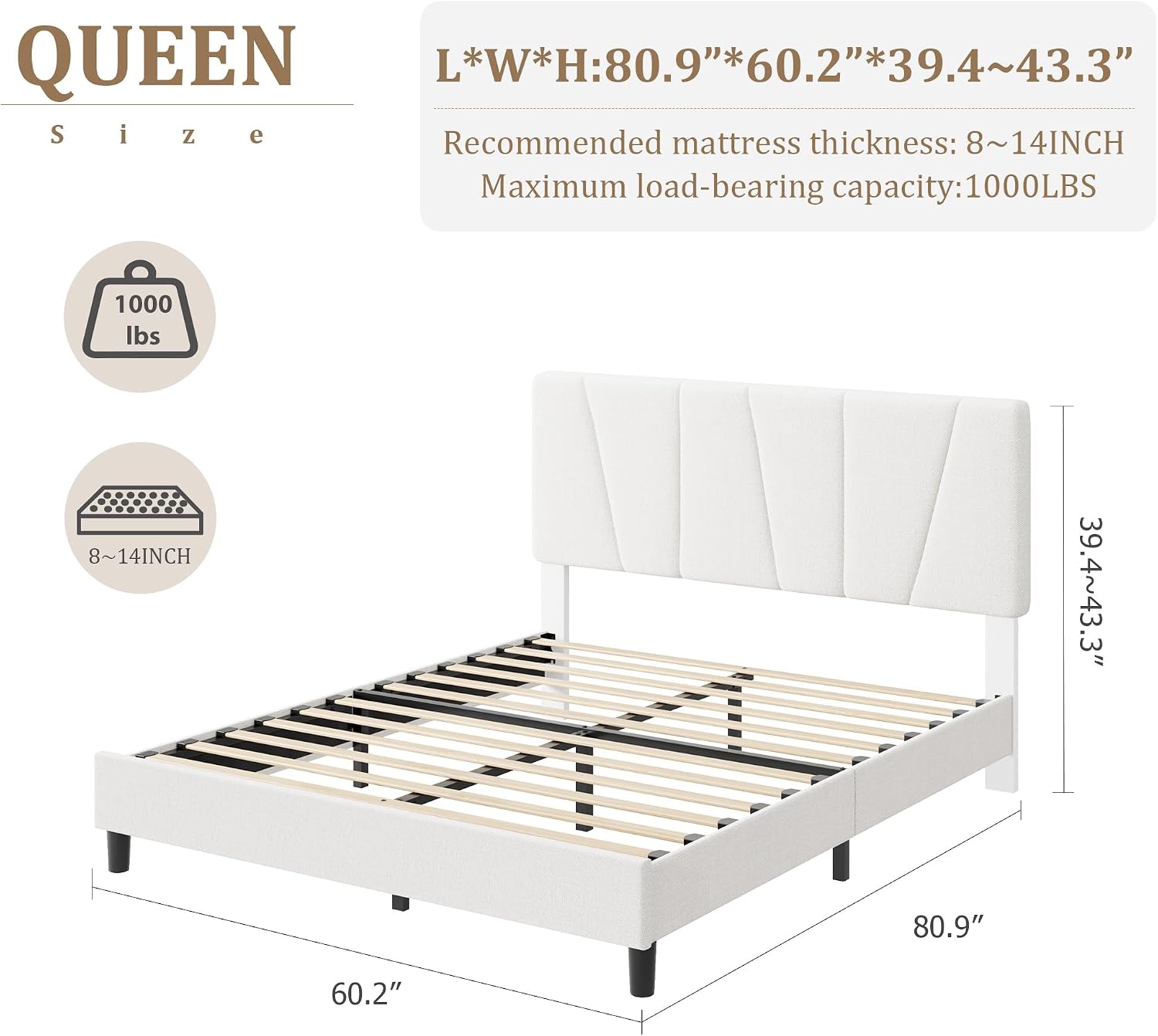 GarveeHome Queen Size Bed Frame with Upholstered Headboard, Modern Fabric Platform Bed Frame with Wooden Slat Support, Adjustable Headboard, No Box Spring Needed, Noise-Free, for Bedroom