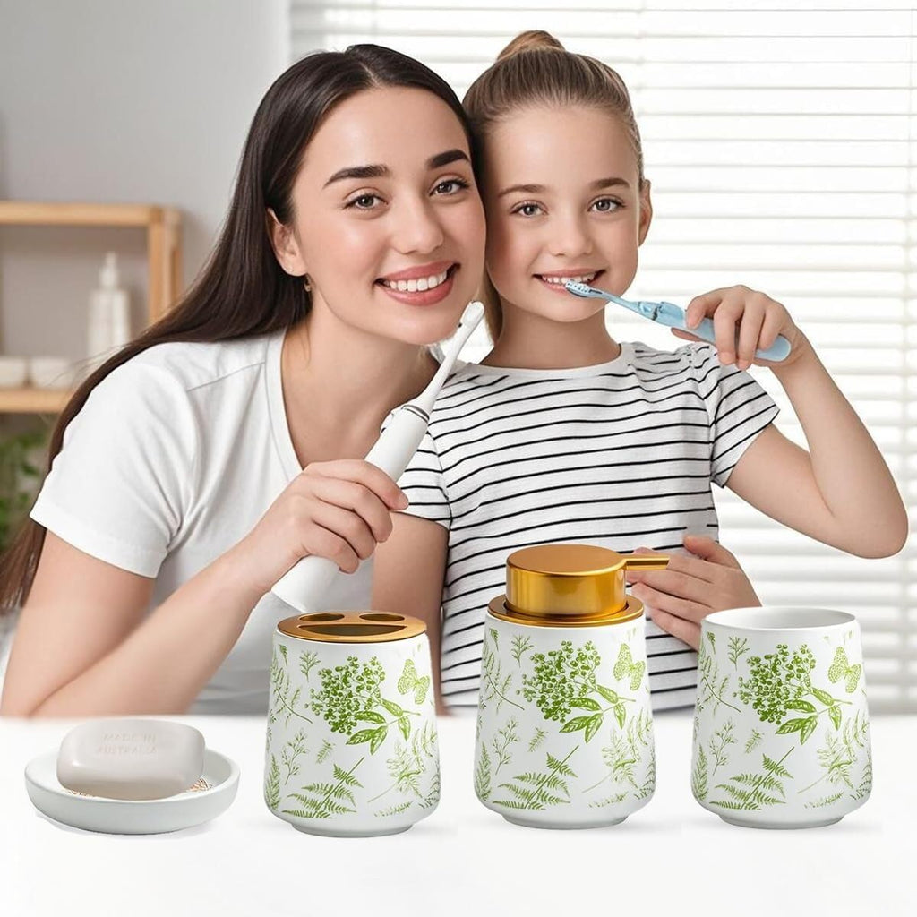 Bathroom Accessories Set Ceramic Bathroom Accessory Set Plant Patterns Accessories with Soap Dispenser Dish Tumbler for Home Decor Victorian(4 Piece Set-Greenery)