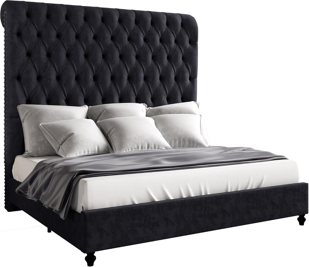 Jocisland King Size Bed Frame with 59' Tall Upholstered Headboard, Luxury Velvet Bed with Handcrafted Deep-Tufted Design and Solid Wood Legs, Noise-Free, No Box Spring Needed,Black