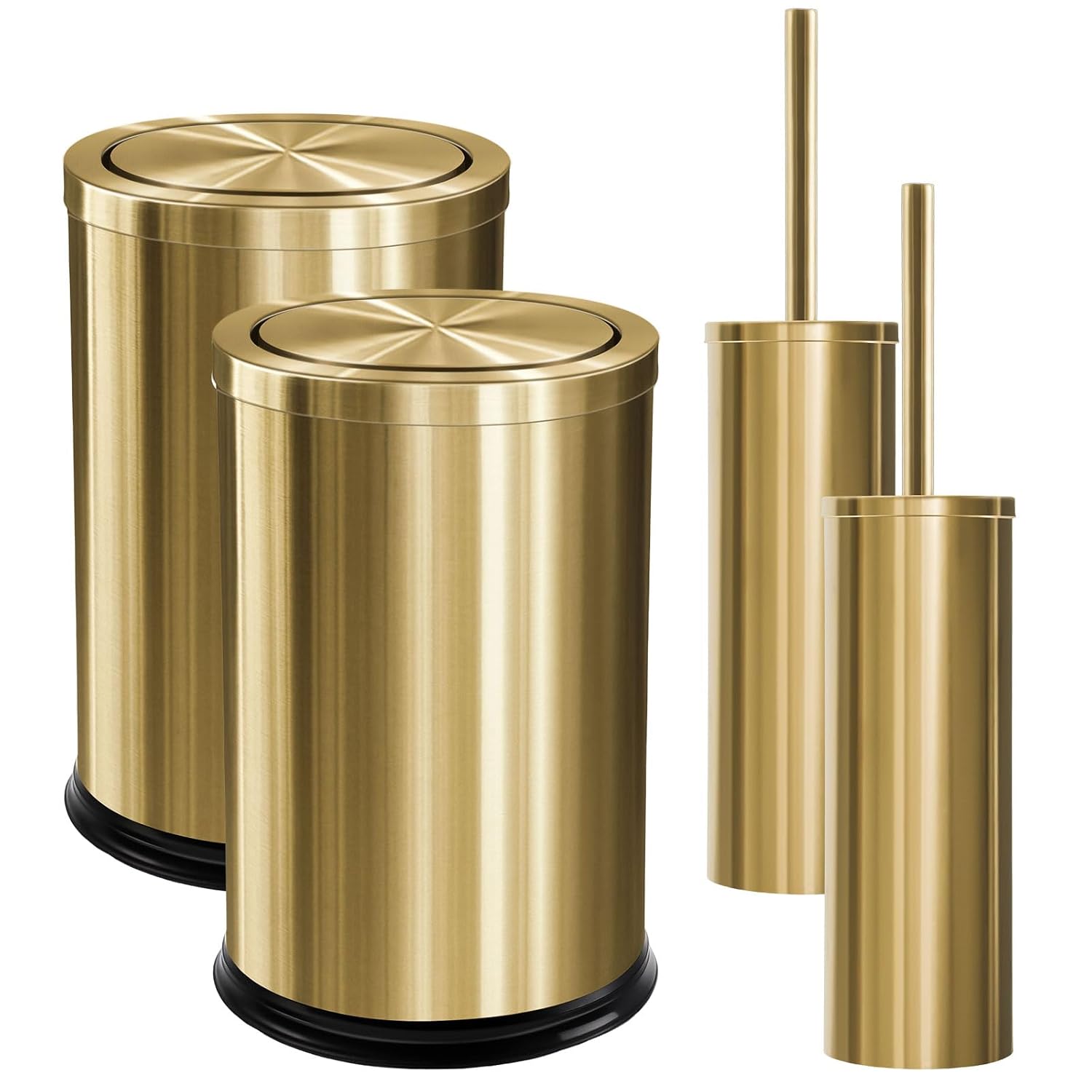 Maxdot 4 Pcs 2.4 Gallon/9 L Gold Bathroom Trash Can with Flip Lid and Toilet Brush Set, Hotel Small Stainless Steel Luxury Garbage Trash Can Wastebasket Bin for Home Bathroom Bedroom Kitchen Office