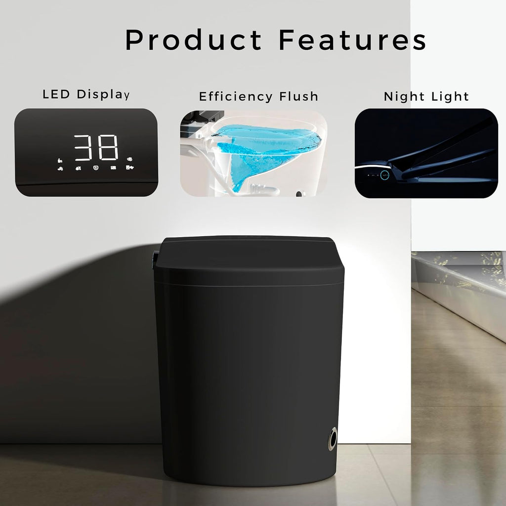 WinZo Elongated Smart Toilet With Bidet Built-in,Auto Open & Flush Auto Soft Close Seat, Hands-Free Adjusted Heated Seat & Warm Air Dyring, Matte Black (No Foam Cover Version)