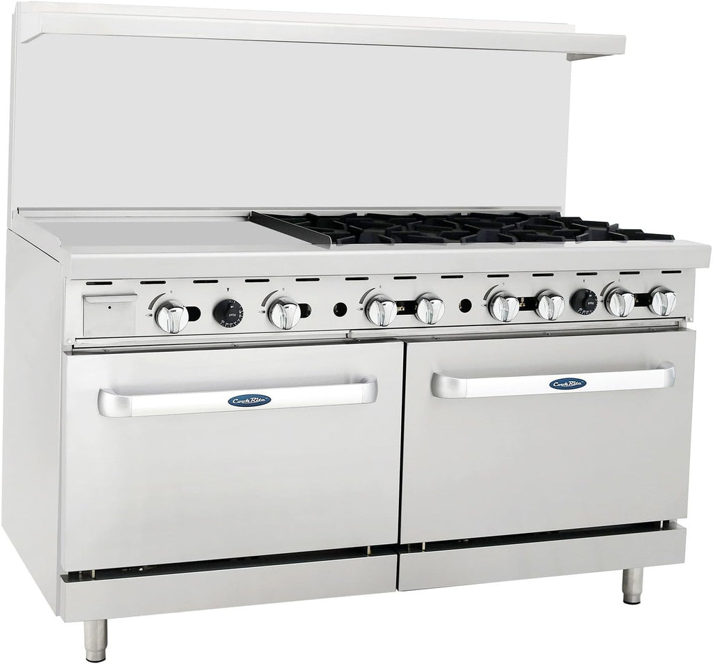 Atosa AGR Commercial Gas Range, 60' Gas Range, (6) Burners (Left) w/ 24' Griddle Top (Right), (2) Standard Ovens, Propane Gas (AGR-6B24GR-LP)