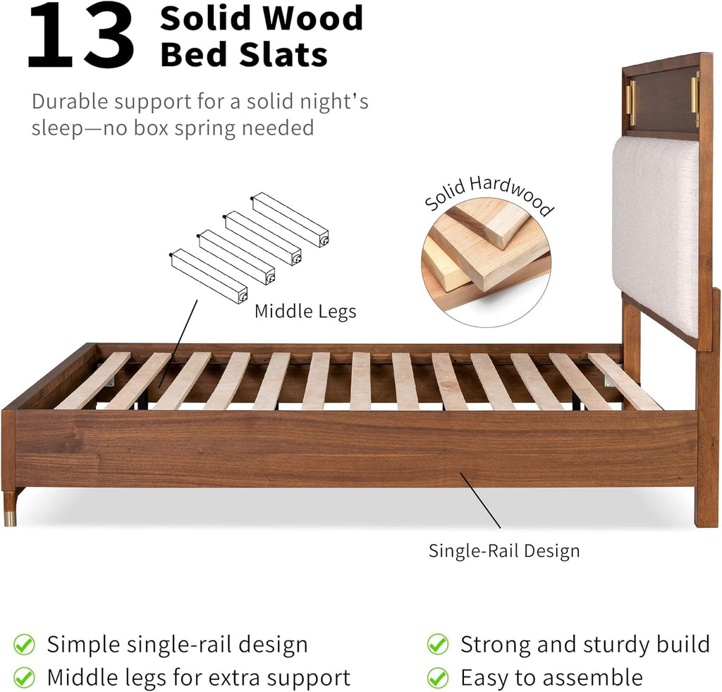 Furniture of America Forma Modern Solid Wood 4-Piece Bedroom Set with Upholstered Bed with LED Lights, Ball-Bearing Glide on Nightstand and Dresser with Mirror, No Box Spring Needed, Queen, Walnut