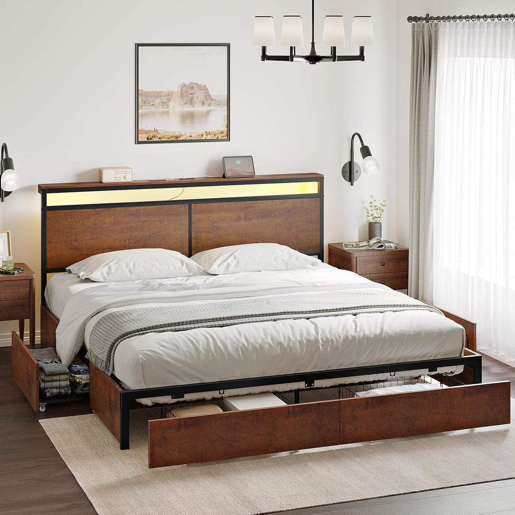 HAUSOURCE King Bed Frame with 4 Storage Drawers Metal Platform Bed Frame King Size with Headboard Charging Station LED Lights Non-Slip Without Noise No Box Spring Needed