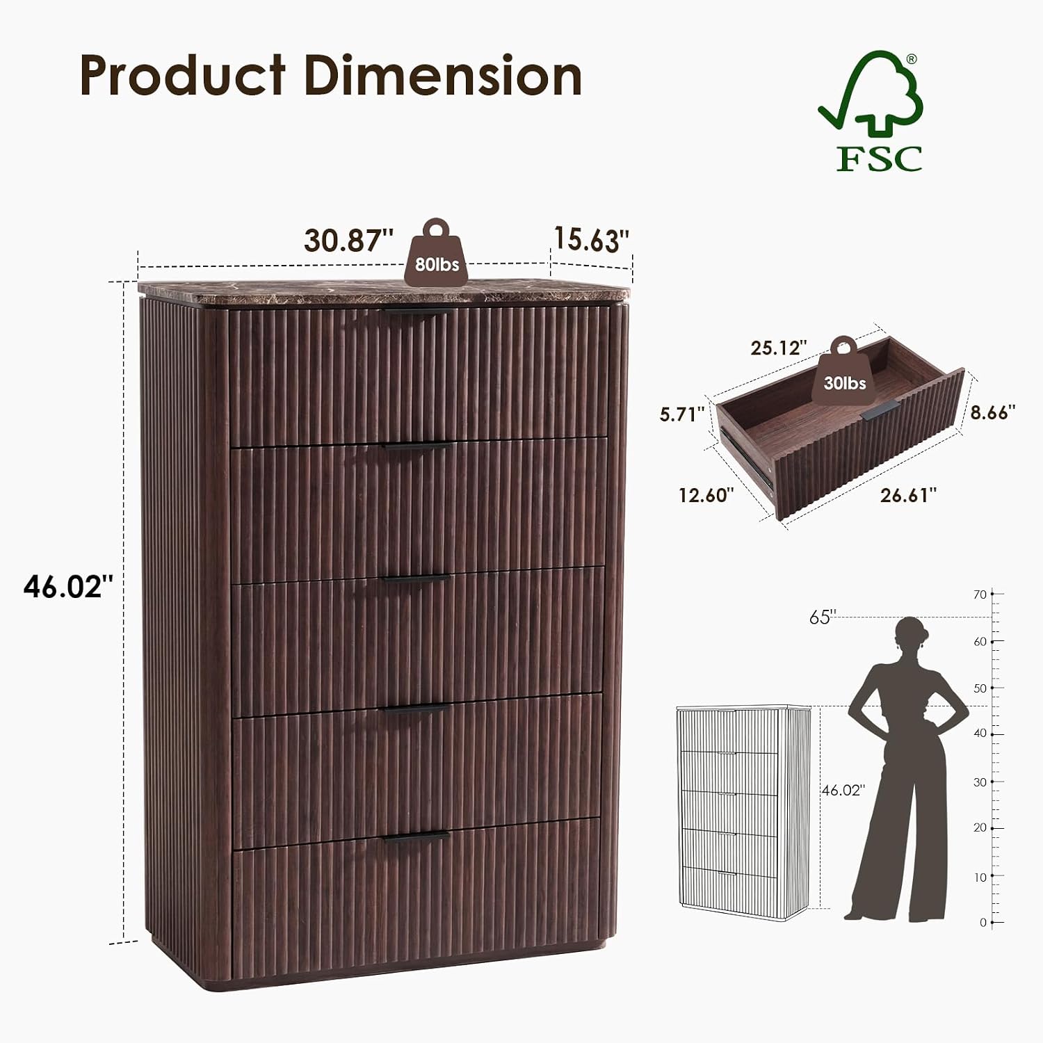 Dresser for Bedroom with 5 Drawers, 46'H Chest of Drawers, Fluted Dresser with Faux Marble Top, Curved Profile Design, Metal Handle, Wood Closet Storage Organizer for Living Room, Hallway, Dark Oak
