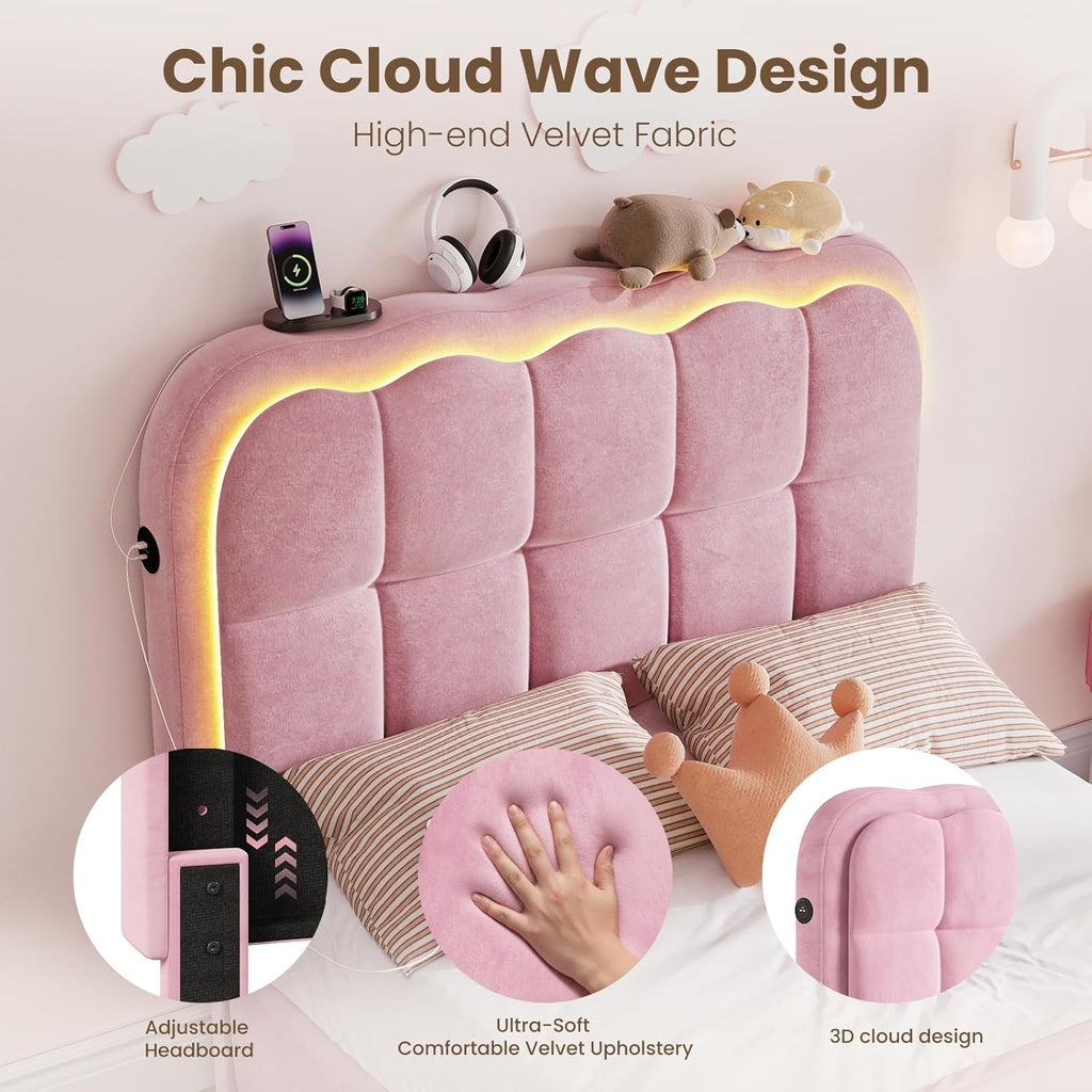 CypBed Twin Bed Frame with Storage Drawers and Headboard, Velvet Upholstered LED Platform Bed Frame for Kids – Sturdy Metal Cloud Bed Frame Twin with Wood Slats Support, No Box Spring Needed, Pink