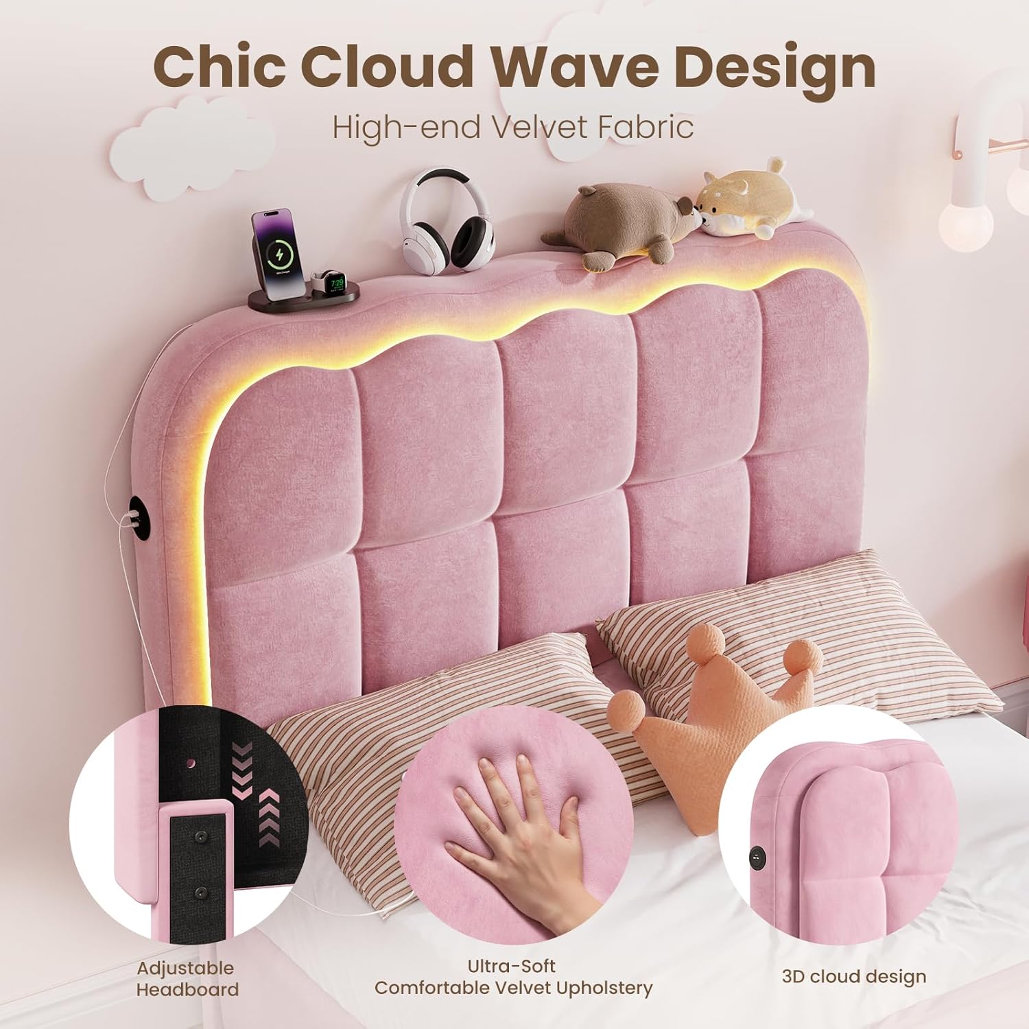 CypBed Twin Bed Frame with Storage Drawers and Headboard, Velvet Upholstered LED Platform Bed Frame for Kids – Sturdy Metal Cloud Bed Frame Twin with Wood Slats Support, No Box Spring Needed, Pink