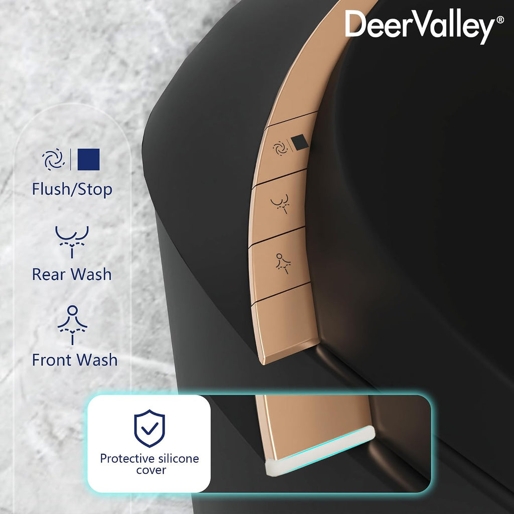 DeerValley Smart Toilet, Tankless Design with Integrated Bidet, Automatic Open/Close Lid, Auto Flush, Heated Seat, Black, Elongated
