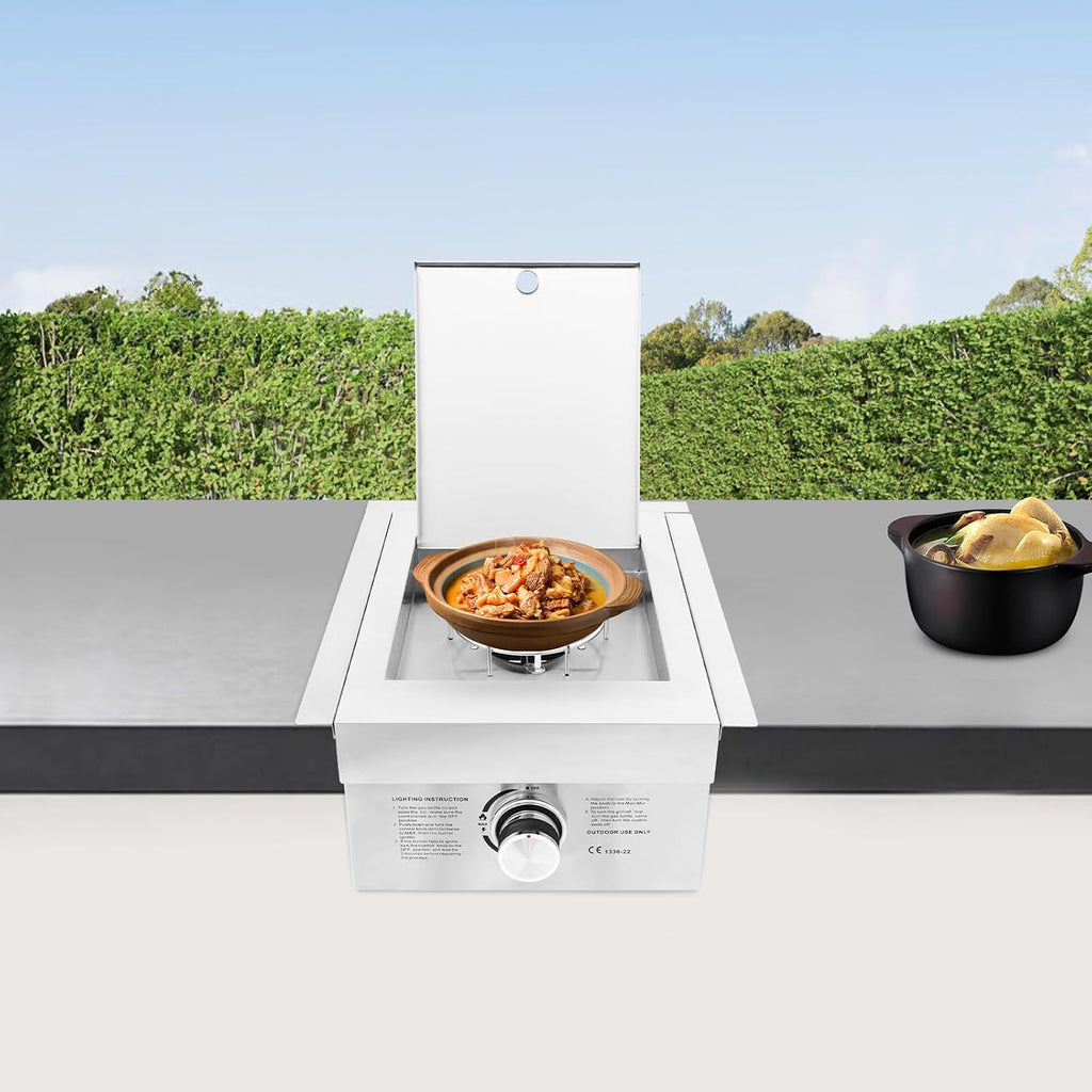 Single Burner Stove for Outdoor Kitchen, Built-in Stainless Steel Side Burner with Removable Grates & Cover, Gas Stove for BBQ Island, Patio, Backyard (Liquid Propane, Single Burner)