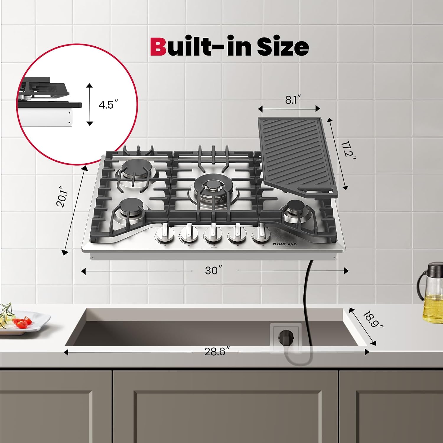 GASLAND Gas Cooktop 30 Inch, PRO GH3305SF 5 Burner Propane Stovetop with Reversible Cast Iron Grill/Griddle, Gas Countertop Plug-in, NG/LPG Convertible Cooktops, Stainless Steel