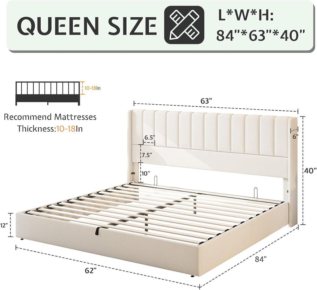 Jocisland Queen Size Lift Up Storage Bed Frame, Linen Upholstered Platform Bed with Vertical Channel Tufted Headboard and Wingback, Hydraulic System, No Box Spring Needed, Wood Slats Support, White