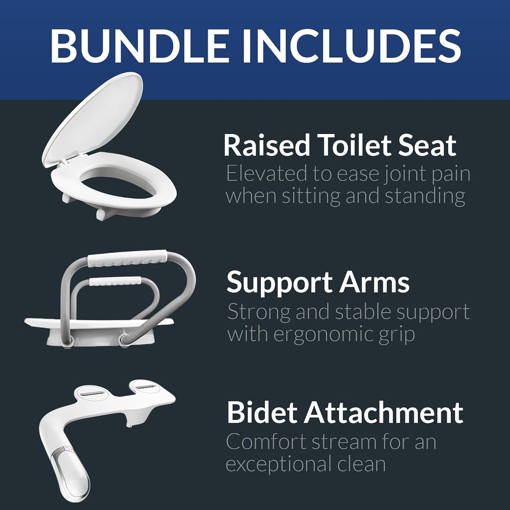 Bemis Assurance 3' Raised Toilet Seat with Handles and Bidet Attachment, Therapist Preferred for Safety, Secure Hinges, Clean Shield Guard, Elongated, White