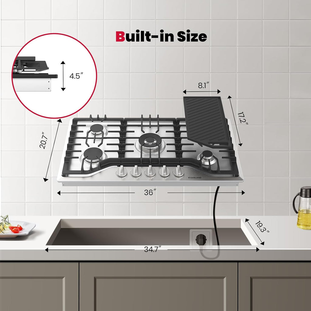 GASLAND 36 Inch Gas Cooktop, PRO GH3365SF 5 Burner Gas Stovetop with Reversible Cast Iron Grill/Griddle, Plug-in, NG/LPG Convertible Cooktops, Stainless Steel