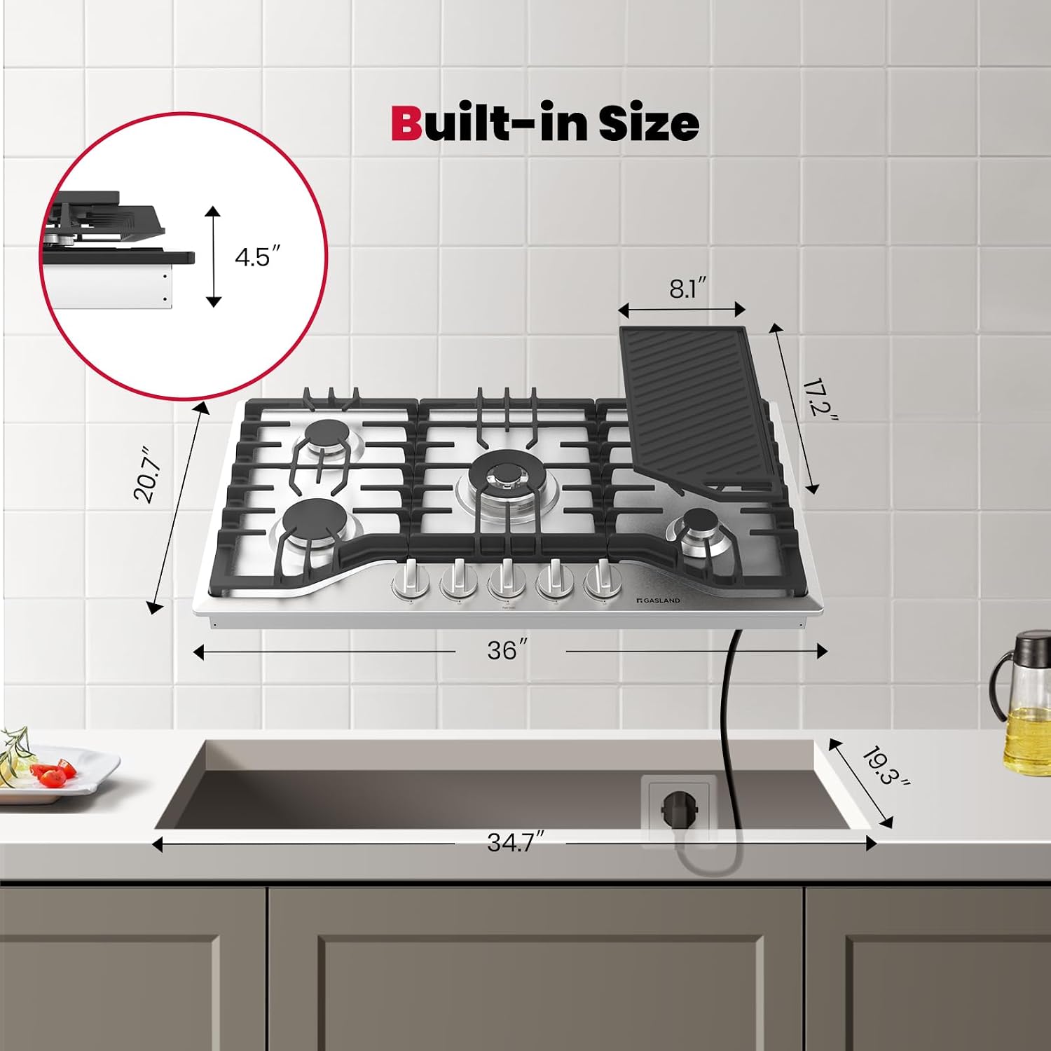GASLAND 36 Inch Gas Cooktop, PRO GH3365SF 5 Burner Gas Stovetop with Reversible Cast Iron Grill/Griddle, Plug-in, NG/LPG Convertible Cooktops, Stainless Steel