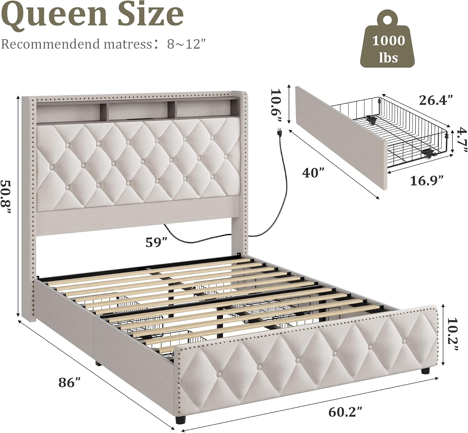 GarveeHome Queen Bed Frame with 50.8 in Tall Headboard, Platform Velvet Upholstered Bed Frame with 4 Storage Drawers, USB Charging Station, Led Lights, No Box Spring Needed, Easy Assembly, Beige