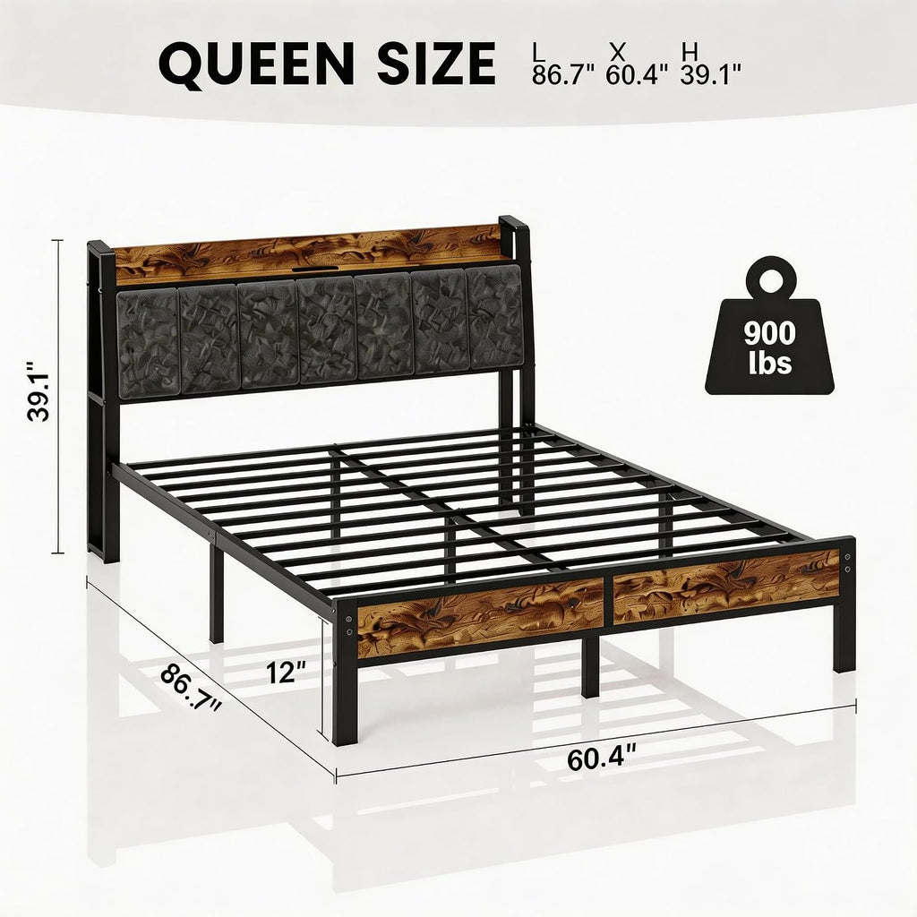 Queen Size Bed Frame with Charging Headboard, Metal Platform Bed with Smart LED Lights, Heavy Duty Metal Slats, No Box Spring Need