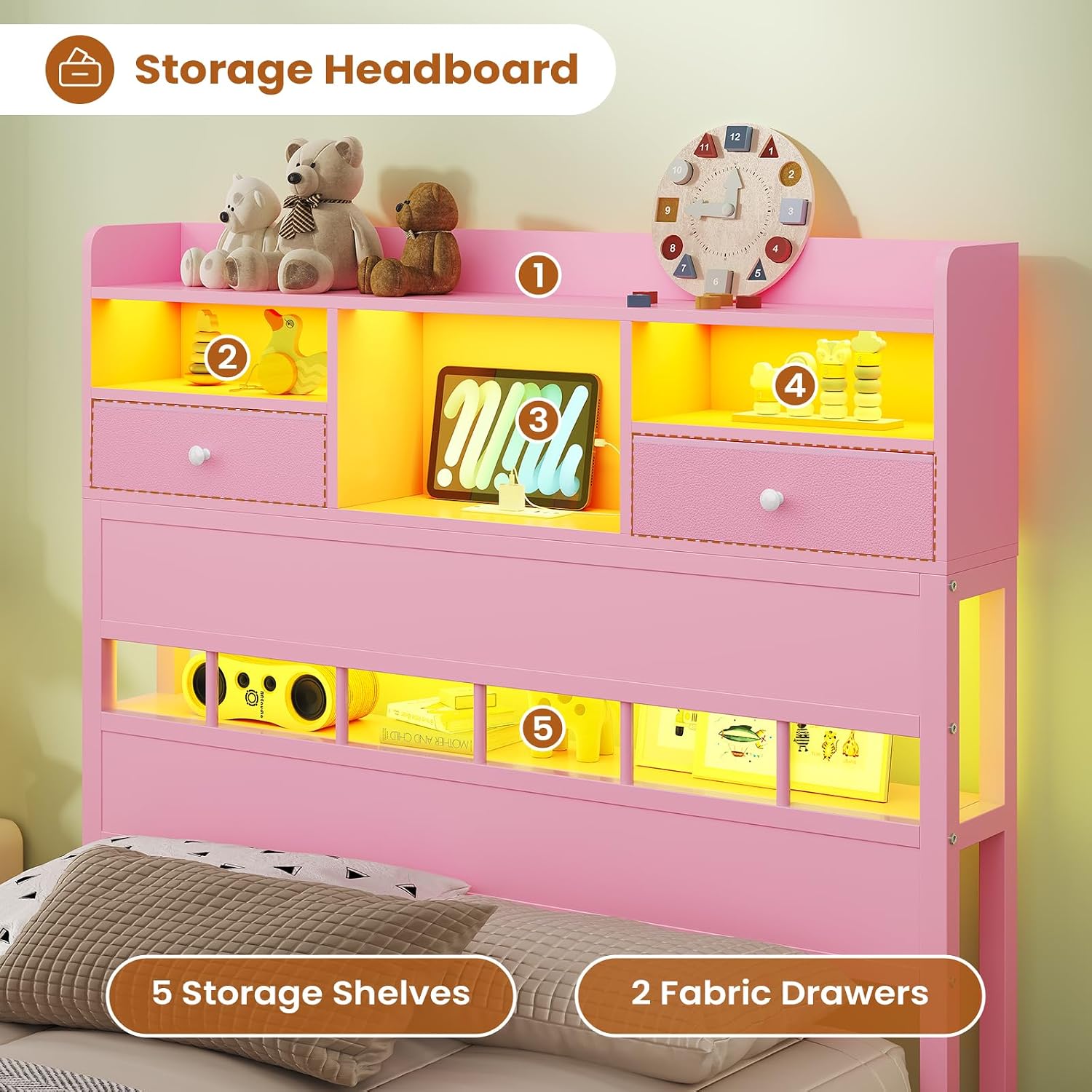 BTHFST Twin Bed Frame with Storage Headboard & Charging Station, LED Bed Frame Twin with 5 Shelves & Under Bed Storage, Platform Bed Frames for Kids, No Box Spring Needed, Pink