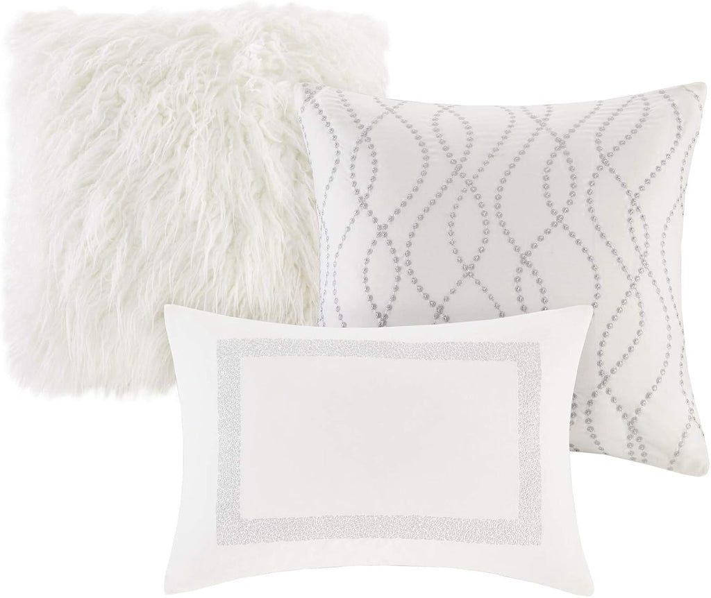 Madison Park Signature Glam Cozy Comforter Set - All Season Bedding Combo Filled Insert and Removable Duvet Cover, Shams, Decorative Pillows, Metallic White King(110'x96') 10 Piece