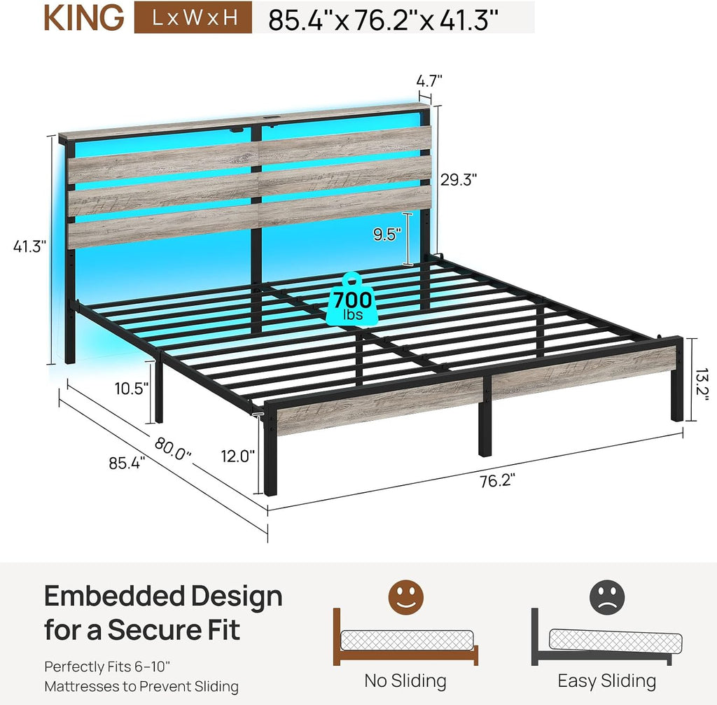 Rolanstar King Size Bed Frame with LED Lights and Charging Station, Wood Storage Headboard and Under Bed Storage, Metal Platform, Noise Free, No Box Spring Needed, Balck Oak
