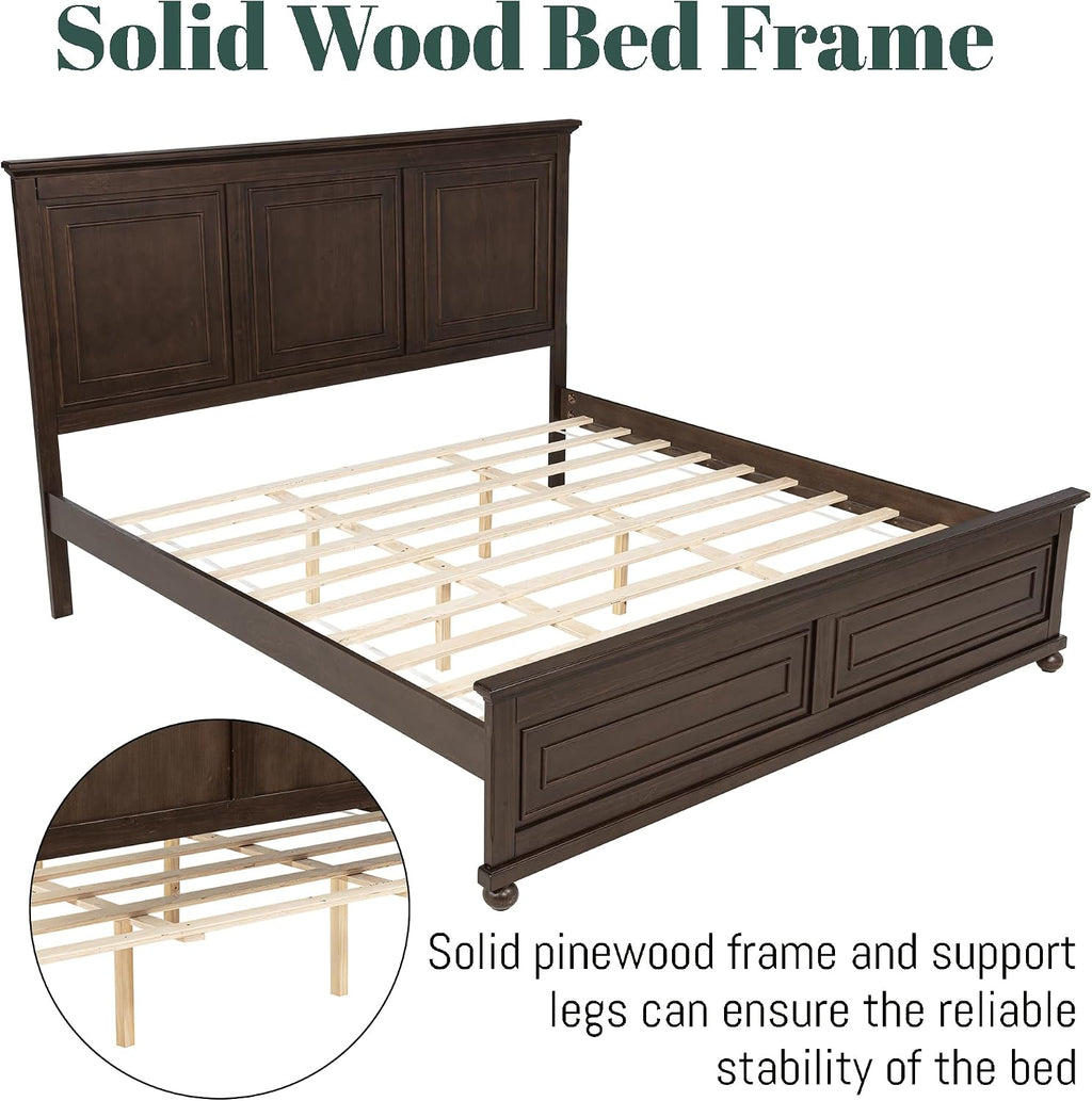 Mirightone Wood King Bed Frame with Tall Headboard and Footboard, Rustic King Panel Bed with Under Bed Storage, Farmhouse Style, Noise-Free, No Box Spring Needed, Antique Brown
