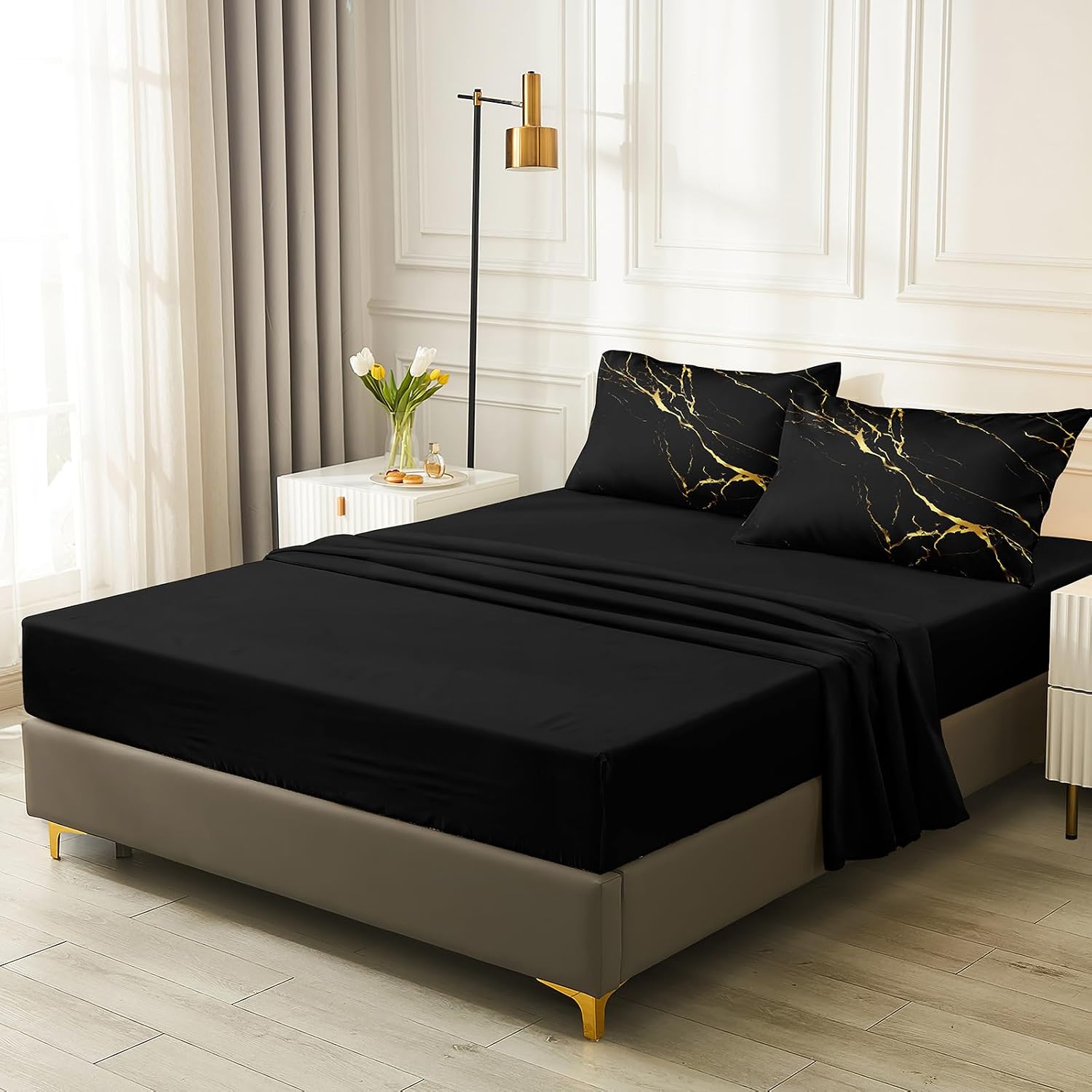 Merryword 8 Pcs Bed in a Bag Comforter Set - California King Size Black Gold Marble Bedding Set