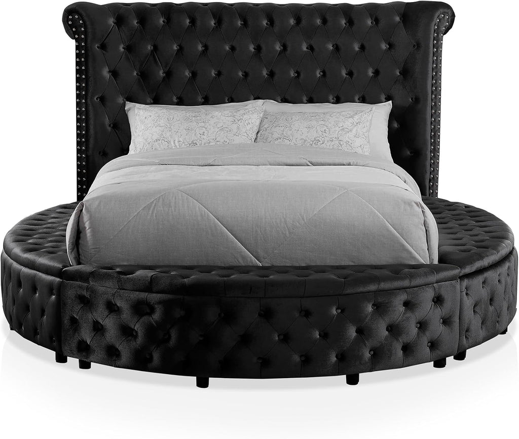 Furniture of America Rhodo Glam Button Tufting Fabric Upholstered 3-Piece Bedroom Set, Bed and 2 Nightstands, California King-Size, Black