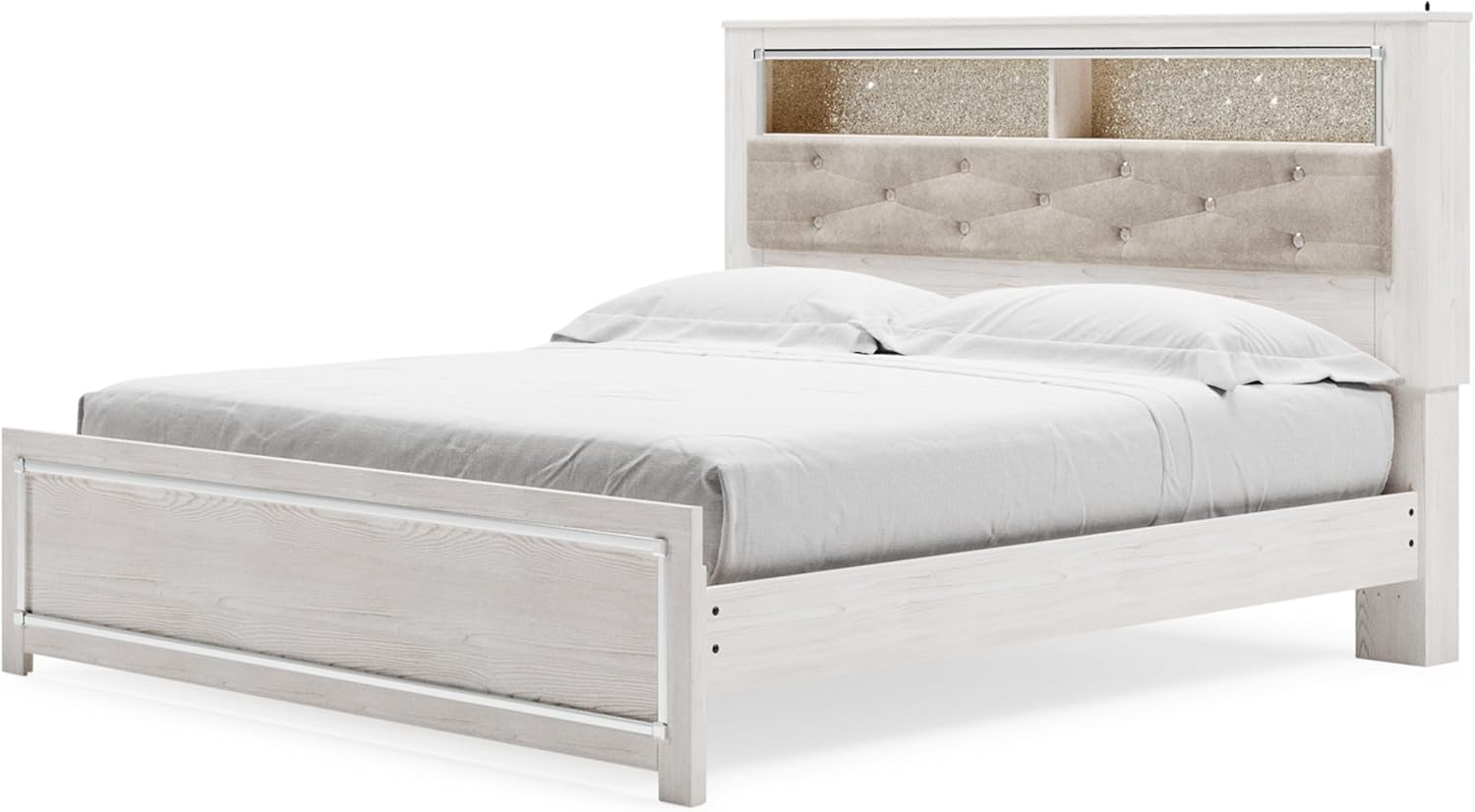 Signature Design by Ashley Altyra Modern King Tufted Panel Bookcase Bed, Foundation or Box Spring Not Needed, White