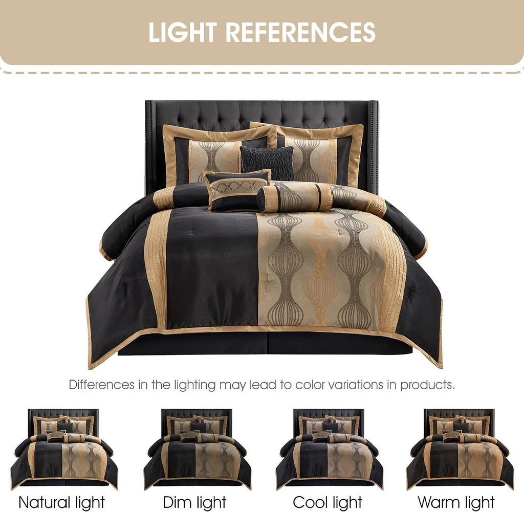 Grand Avenue Elegant Black and Gold Comforter Set, Striped, 7 Pieces Jacquard Bedding Sets with Comforter, Bed Skirt, Pillows & Shams, California King Size All Season, Lightweight Microfiber