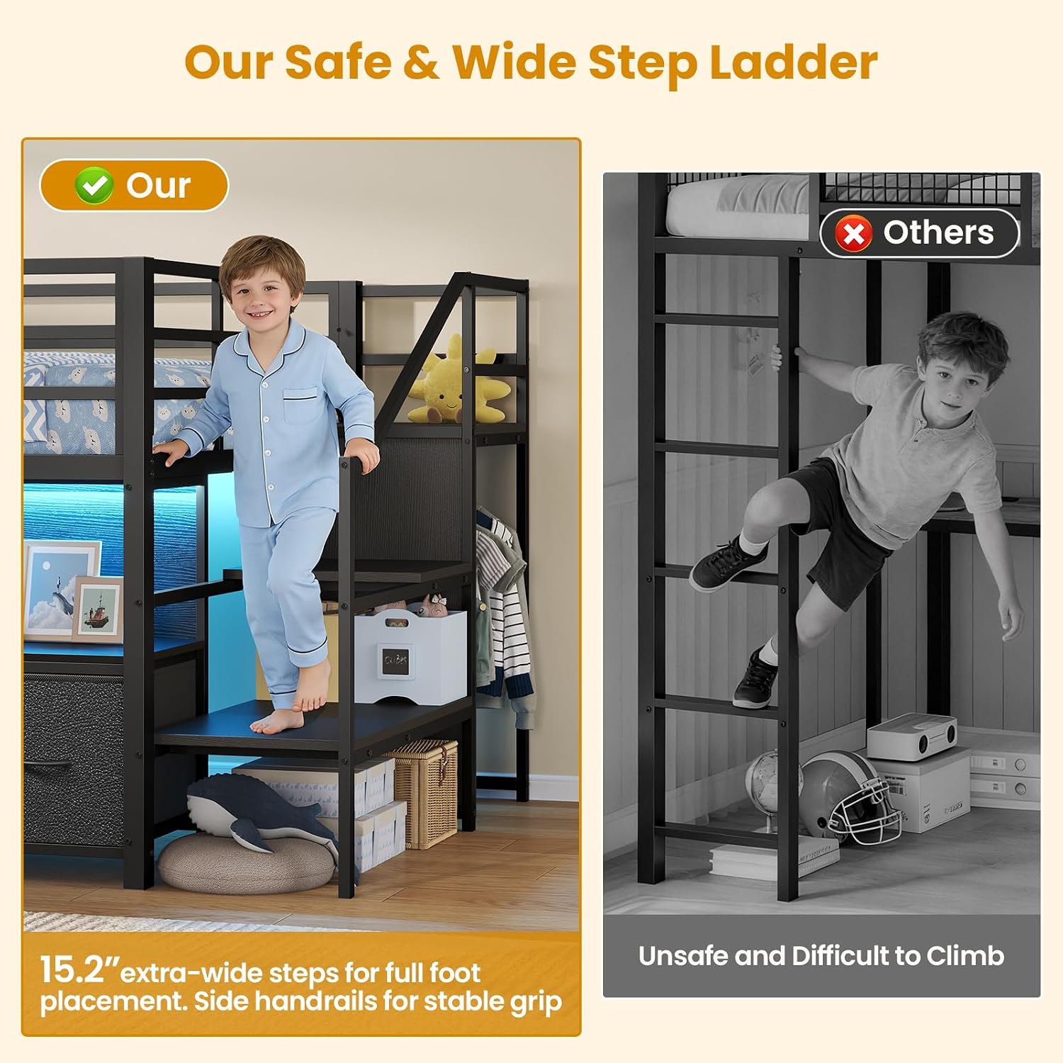 ADORNEVE Low Loft Bed Twin Size with Stairs,7 Drawers, Bookcase and LED Lights, Metal Kids Loft Bed with 14' H Safety Guardrail,Inclined Ladder and Play Curtain, Under-Bed Play Space, Black