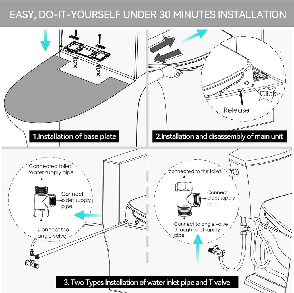 R&T V305 Round Bidet Toilet Seat, Electri Bidet Seat with Adjustable Warm Water, Air Dryer, Heated Seat, Night Light, Deodorization