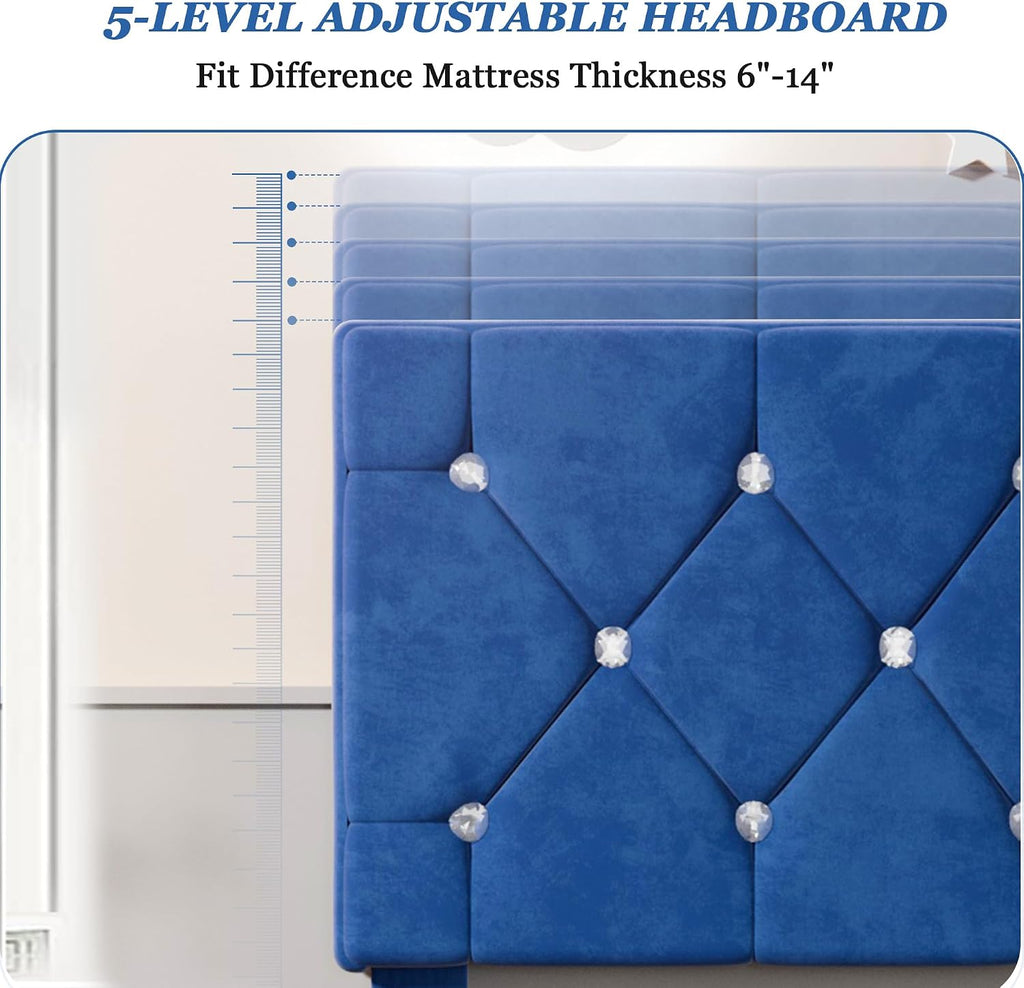 VECELO Twin Size Bed Frame, Upholstered Platform with Adjustable Diamond Tufted Headboard, Wood Slat Support, No Box Spring Needed, Navy Blue