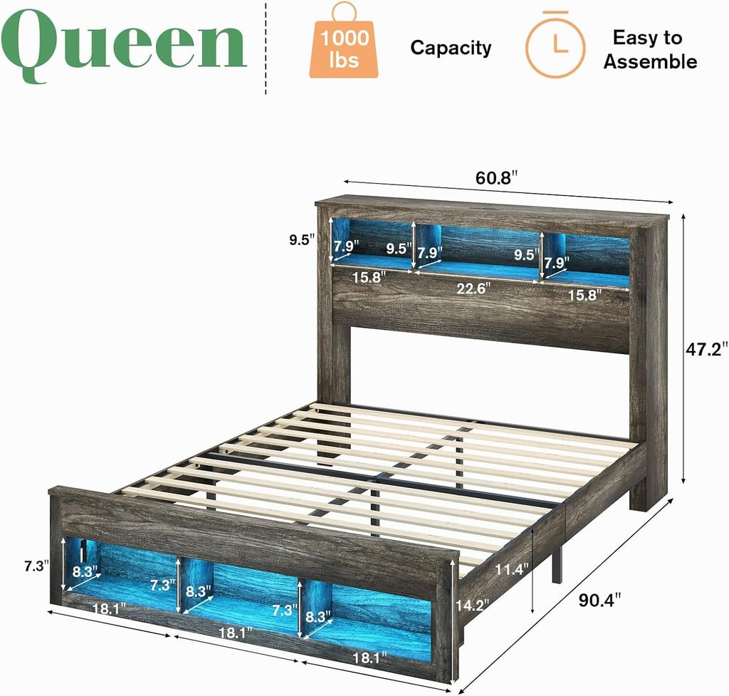 Albott Farmhouse Queen Size Bed Frame with Storage/Bookcase Headboard & Footboard, Wood Platform Bed with LED Lights/Charging Station, Heavy-Duty Metal Support/No Box Spring Needed/Noise-Free, Gray
