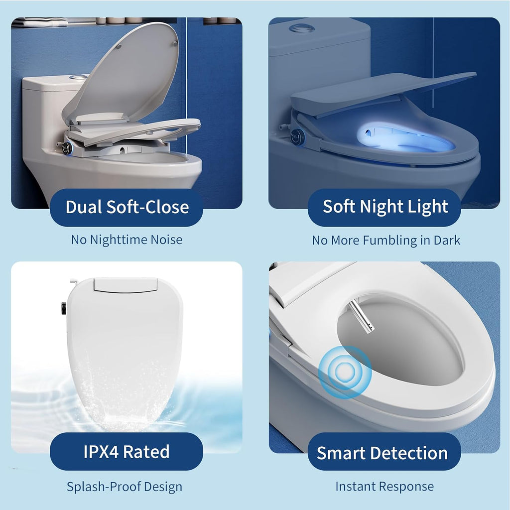 Smart Bidet Toilet Seat Elongated, Electric Heated Seat Instant Warm Water&Air Dryer, Soft Close Lid Night Light, Remote Control No Water Pressure Limit, Energy Saving Mode for Men Women Kids
