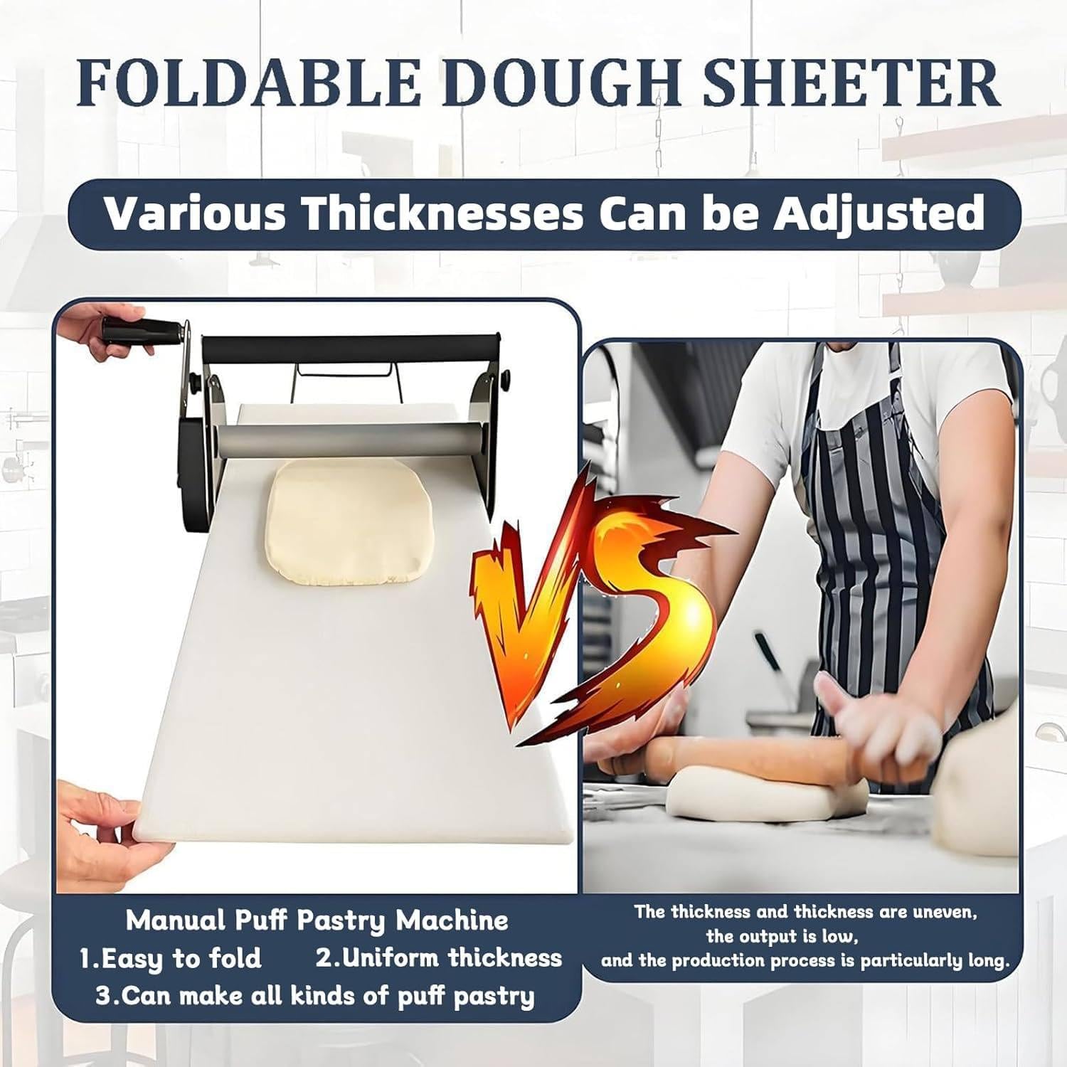 Electric Rolling pin with Adjustable Dough Thickness, Foldable Rolling pin with Rolling Board, Manual Rolling pin for Pizza, Croissants, Pastries and Fondant, Tabletop Device Type300