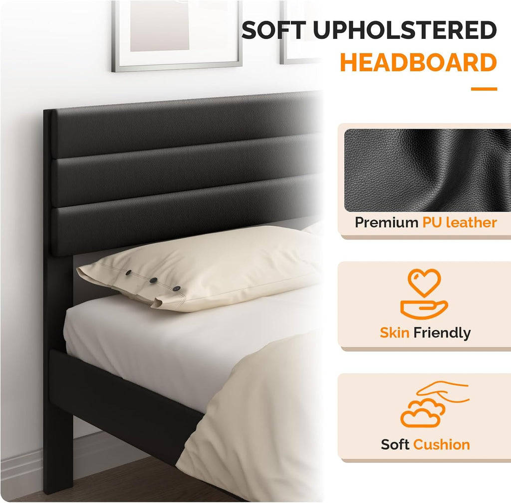 VINGLI Full Faux Leather Bed Frame, Upholstered Platform Bed with Adjustable Headboard, Wood Mattress Foundation with Heavy Duty Slats Support,Luxury Modern,No Box Spring Needed, Black