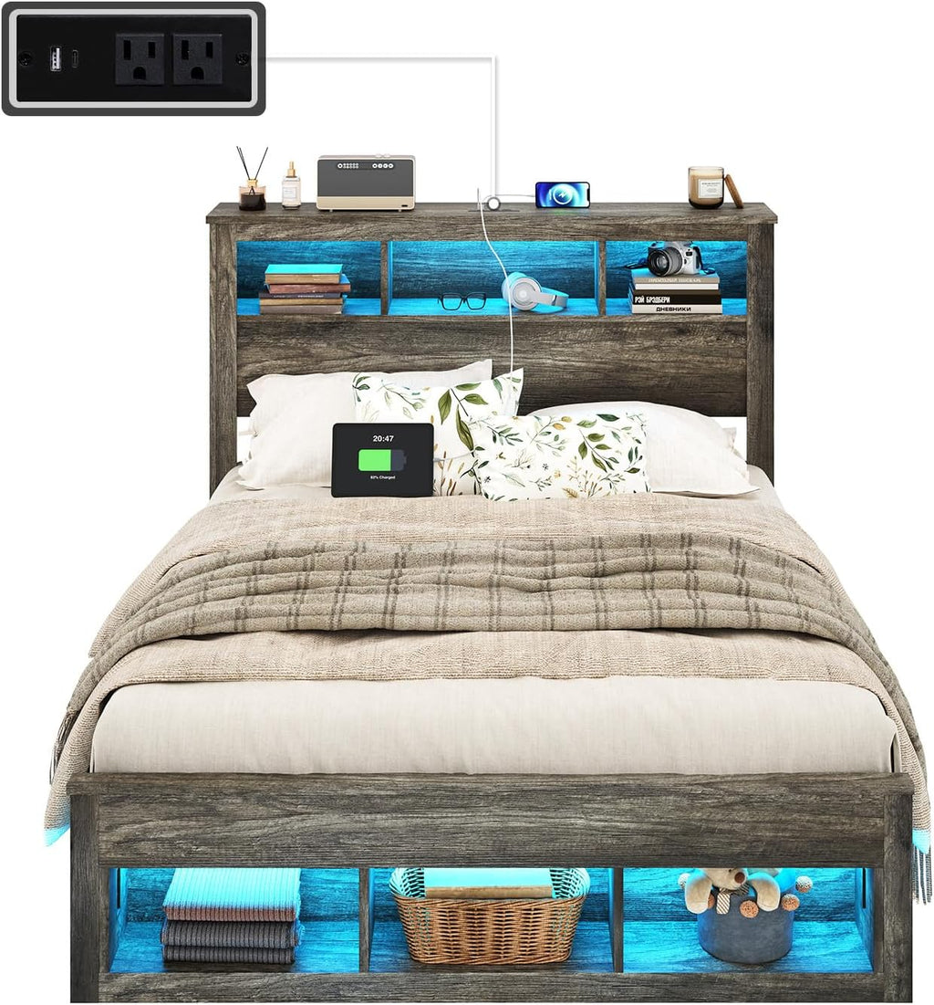Albott Farmhouse Full Size Bed Frame with Storage/Bookcase Headboard & Footboard, Wood Platform Bed with LED Lights/Charging Station, Heavy-Duty Metal Support/No Box Spring Needed/Noise-Free, Gray