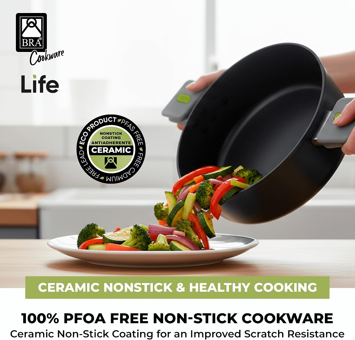 BRA COOKWARE Life Ceramic Nonstick Sauté Pan w/Glass Lid | 12.6 Inch 4.79 Quart Recycled Aluminum Deep Pan | Dual-Handle Braiser | Ceramic Non-Stick Coating | PFOA Free | All Cooktops & Oven Safe