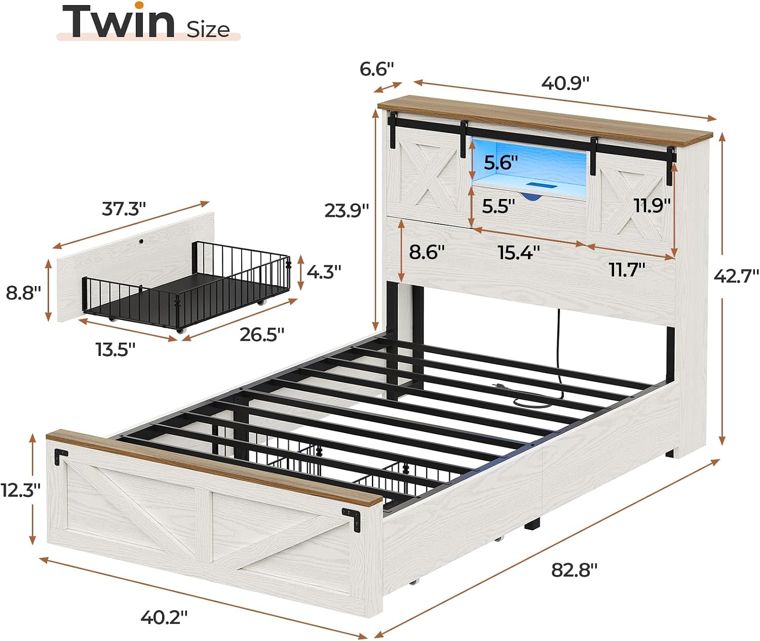 Hasuit Farmhouse Bed Frame Twin Size with 2 Storage Drawers, Wooden Platform Twin Bed with LED Lights and Charging Station, Rustic Accent Headboard with Sliding Barn Door Storage Cabinets