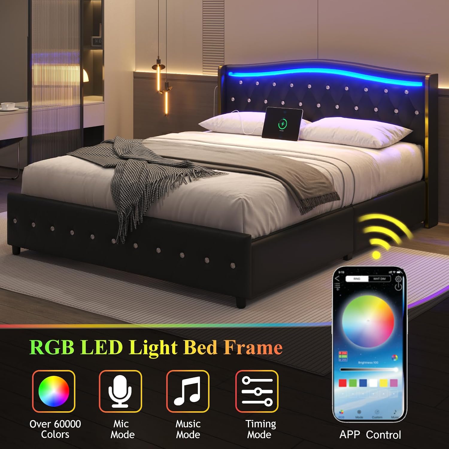 E-Motie Full Size Bed Frame with Wingback Headboard, Upholstered Platform Bed with RGB LED Lights, Charging Station, 4 Storage Drawers & Metal Slat Support, No Box Spring Needed, Black